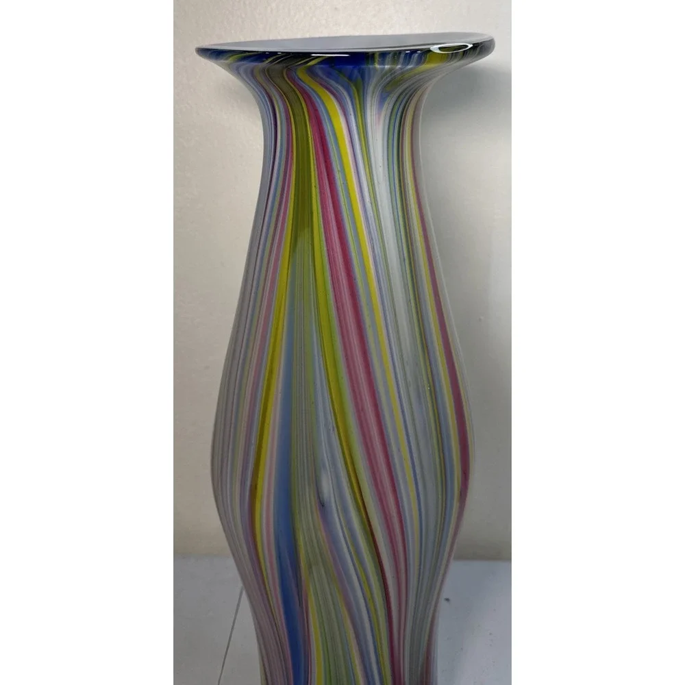 Hand Blown Rainbow Striped Art Glass Vase Tall Hourglass Multicolor 18.5 Inch